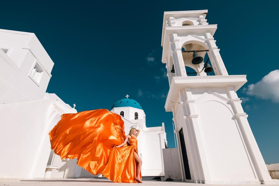 Flying dress Photoshoot in Santorini with Hotel Pickup - Fira Sunset Stop: Sightseeing That Also Serves the Photos