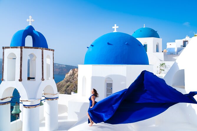 Santorini 2h Private Flying Dress Photoshoot with Transportation - A flying dress shoot that actually feels stress-free