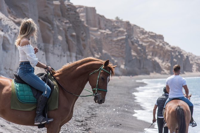 Santorini Horse Riding to Black Sandy Beach - Eros Beach Black Sand: Riding In and Out of the Water