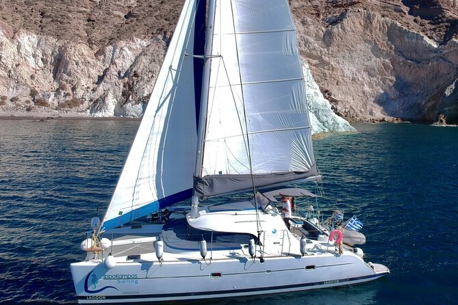Santorini: Standard Small-Group Catamaran Cruise with Food/Drinks - From Vlychada toward Akrotiri: sailing setup and the first views