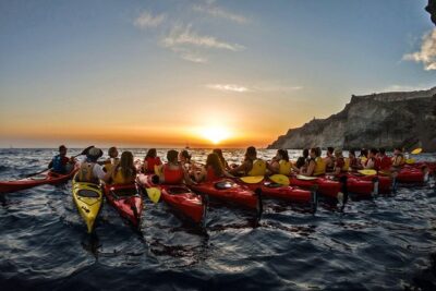 Santorini: Sunset Sea Kayak with Light Dinner with Pick-up Option - From pickup to Mesa Pigadia: start easy, look up often